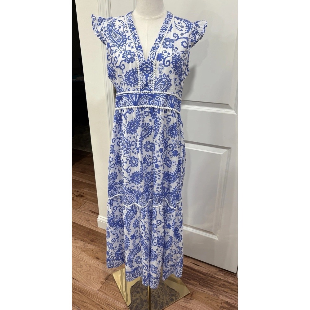 NWOT Bindu Celine Maxi Dress Blue Paisley Floral Cotton V-Neck Pom Pom Trim SZ M